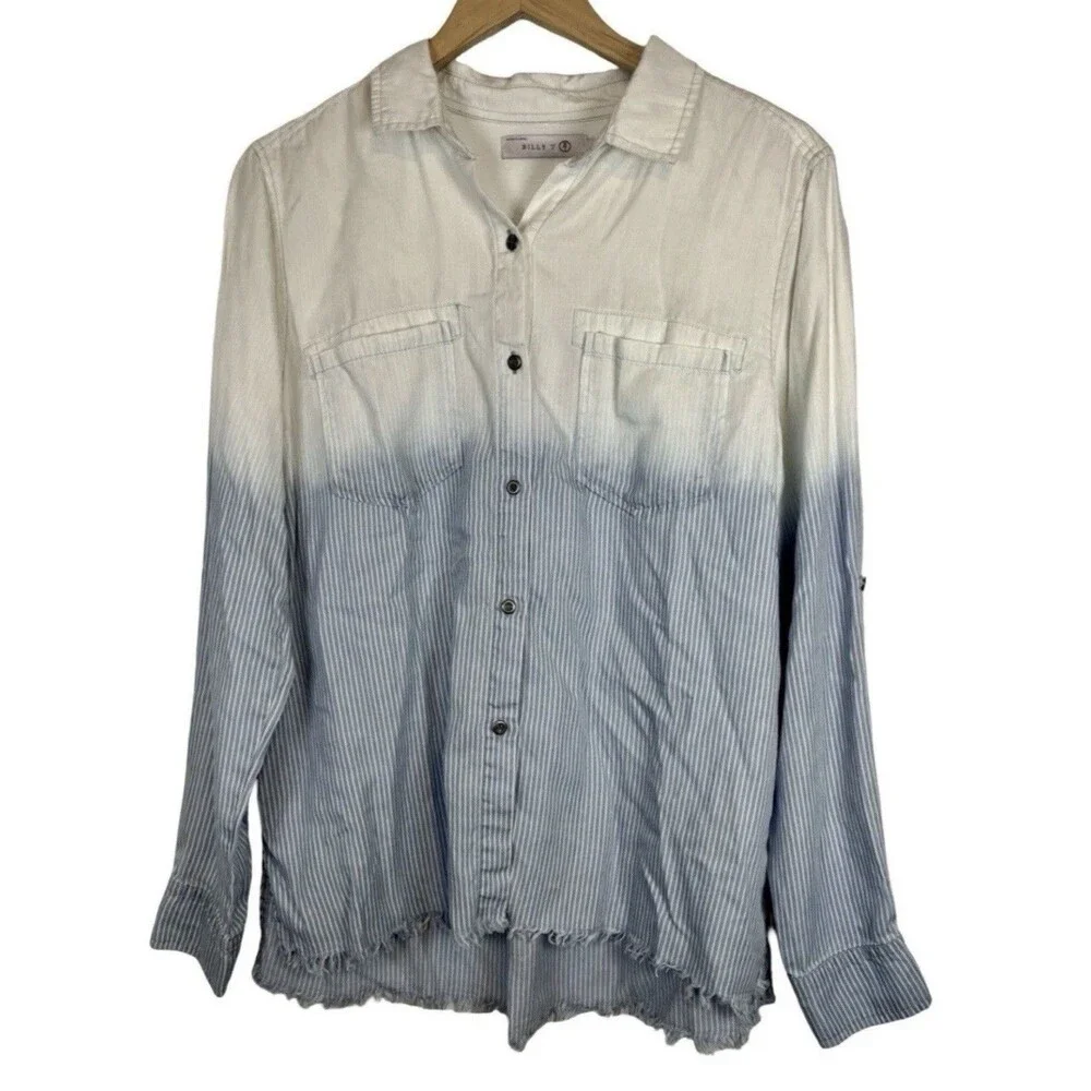 Billy T Women's Blue White Stripe Chambray Ombré Button-Up Tie Back Shirt Medium